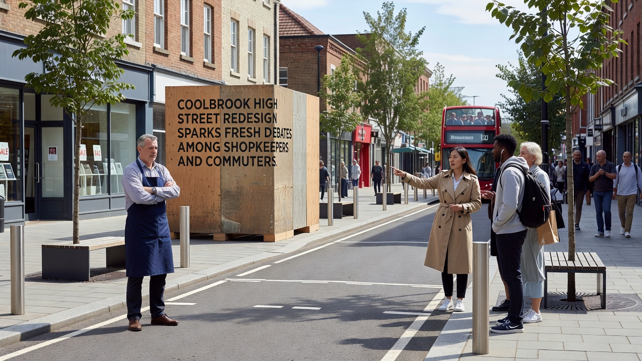 Commuters and shopkeepers gathered near Coolbrook High Street discussing traffic and access changes