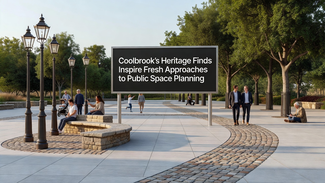 Community members viewing interpretive displays at a newly designed public space incorporating Coolbrook heritage elements